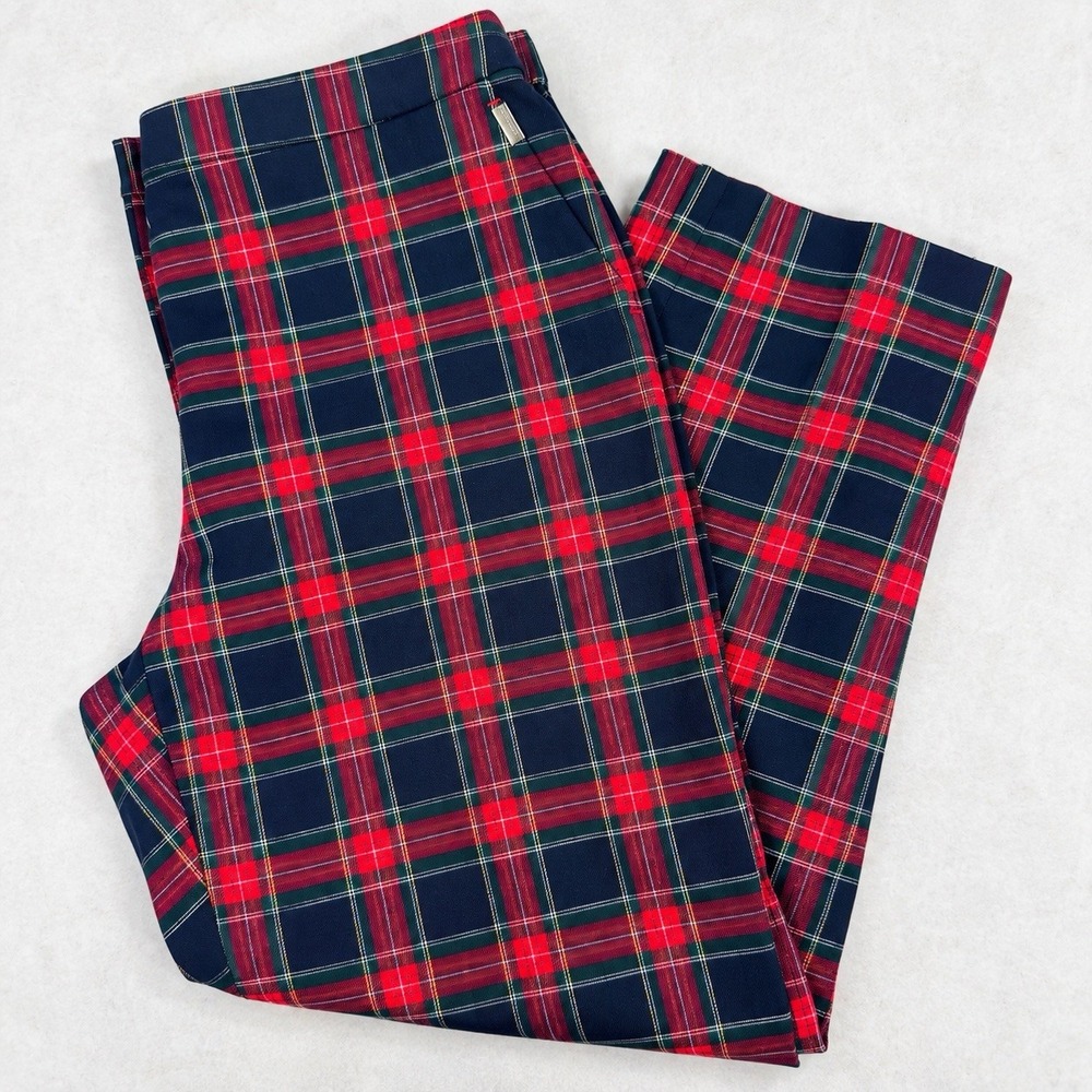 Tommy Hilfiger Womens Plaid Pants Size 12 Navy Red Tartan Stretch Straight Leg